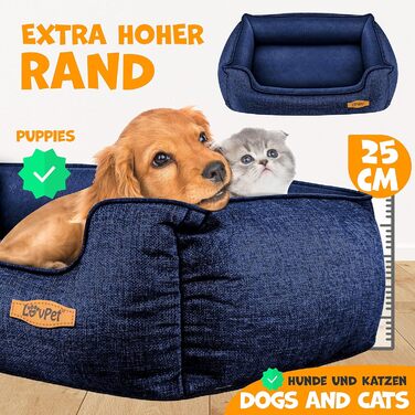 Lovpet® Dog Bed Dog Cushion Dog Basket Chiller, Incl. Bowl + 3X Chew Bones, Dog Sofa Cushion for Small, Medium & Large Dogs, Removable and Washable Cover, L 90 x 75 x 25 cm (M (70 x 55 x 21 cm), Navy Blue)
