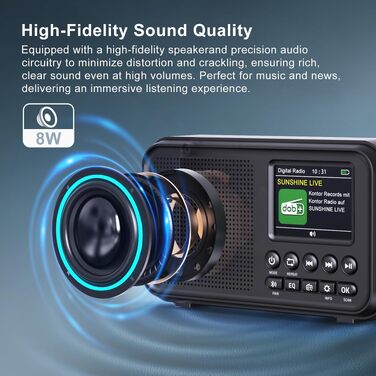 Портативне DAB/DAB+ радіо з Bluetooth 5.0, FM, акумулятором 3000mAh, дисплеєм 2.4