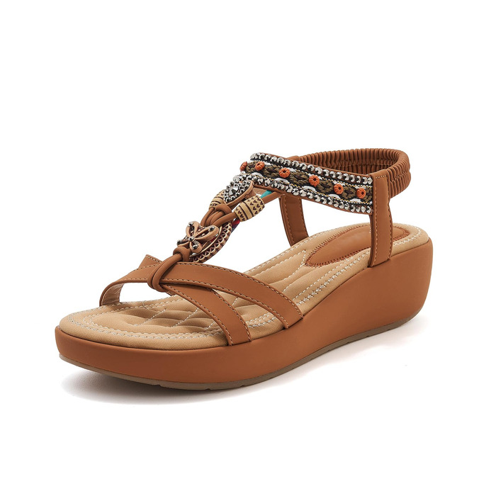 Босоніжки жіночі літні богемні на танкетці Keilsandalen, коричневі 42 EU, з камінням та перлами, 5 см