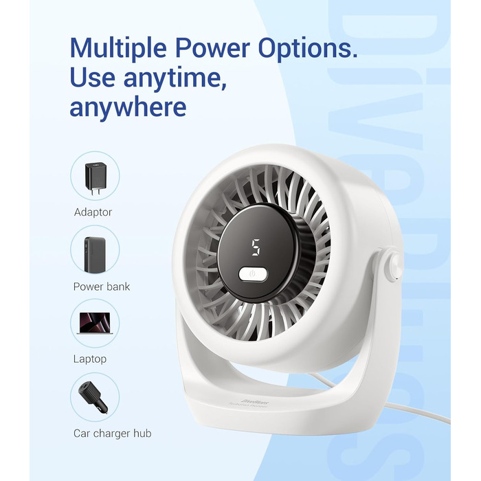 USB Turbo вентилятор для столу: тихий, потужний, з LED-дисплеєм, 5 швидкостей, 360° обертів, портативний для дому, офісу та відпочинку – TurboBreeze (сніжно-білий)