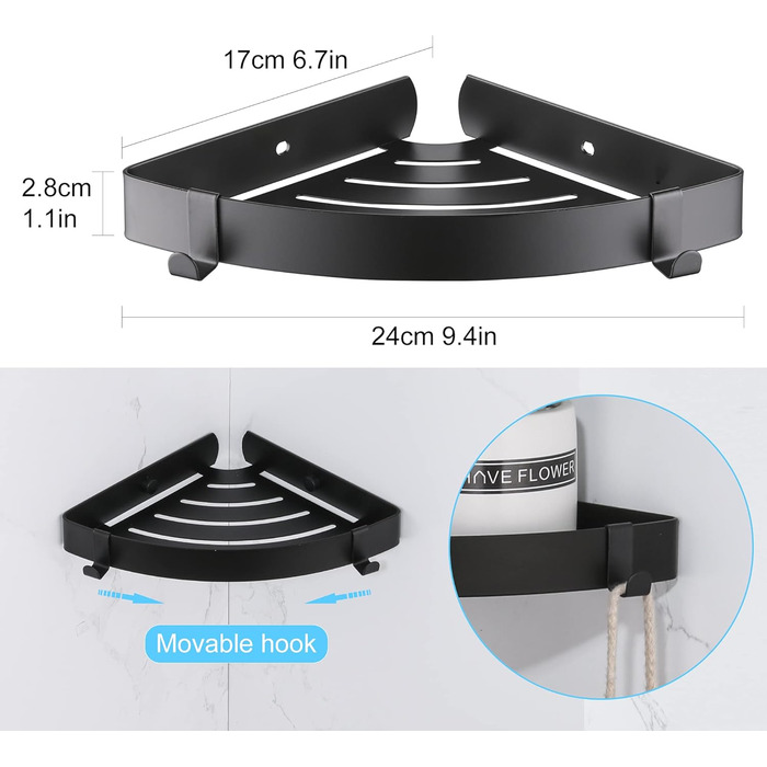 DUFU Shower Shelf Corner Shelf, Shower Organizer Without Drilling Stainless Steel Shower Basket Self-Adhesive, Corner Bathroom Organizer Shampoo Holder with 4 Hooks for Shower, 2 Pack Black