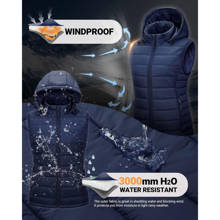 Стьобана жилетка Outdoor Ventures для жінок з капюшоном, гібридна спортивна жилетка для туризму, кемпінгу та велоспорту, темно-синій, XXL