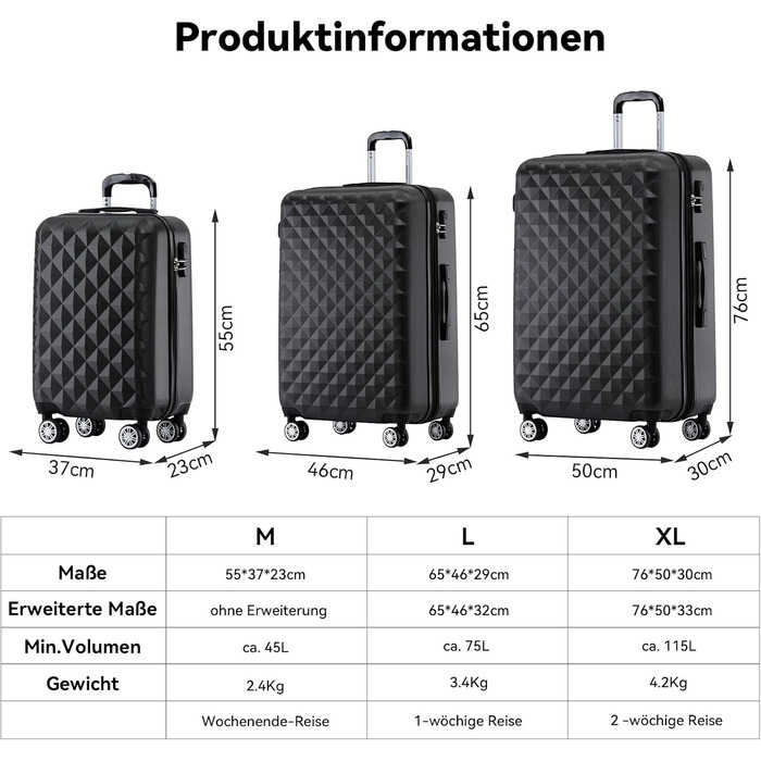 Чемодан-валіза Beibye Zwillingsrollen 2066 з жорстким корпусом, комплект L-XL (чорний)
