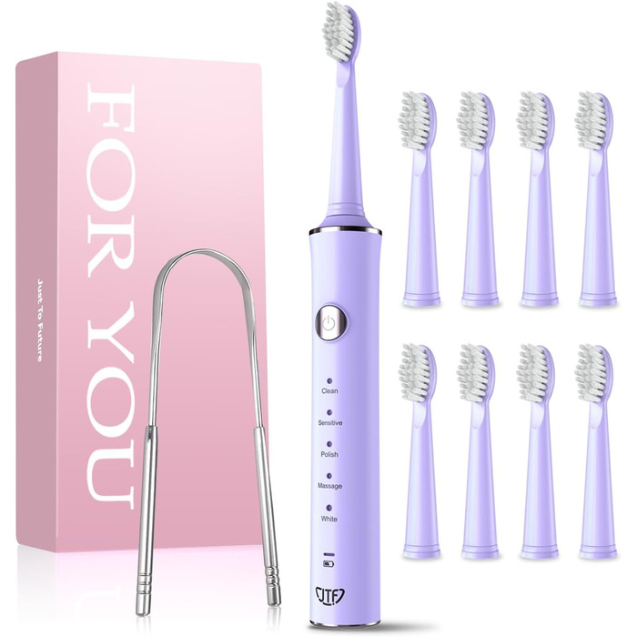 Електрична звукова зубна щітка JTF з очищувачем язика, 8 насадок, 5 режимів, функція пам'яті, таймер 2 хв, IPX7, швидка зарядка 3 год, для дорослих (блакитний) (фіолетовий + очищувач язика)