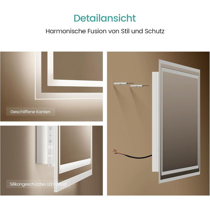 Дзеркало для ванної кімнати EMKE з підсвічуванням 40x60 см LED, антизапар, холодний/теплий білий, з кнопкою, алюмінієва рама, IP44, енергозберігаюче