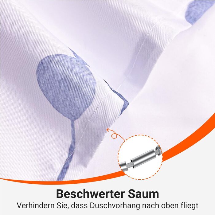 Штора для душу 240x200 см, квіти, поліестер, антигрибкова, водовідштовхувальна, з кільцями та утяжувачем (Ліловий)