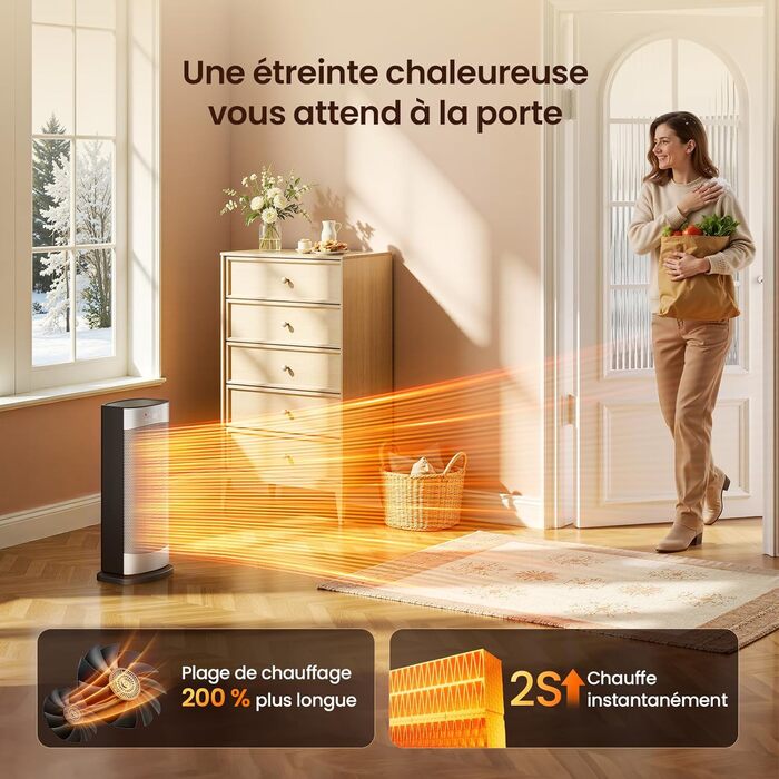 Електричний обігрівач з термостатом 1500W, 70°C, PTC кераміка, тихий, ECO-режим, таймер 24 год, захист від перегріву та перекидання, срібний, 41 см