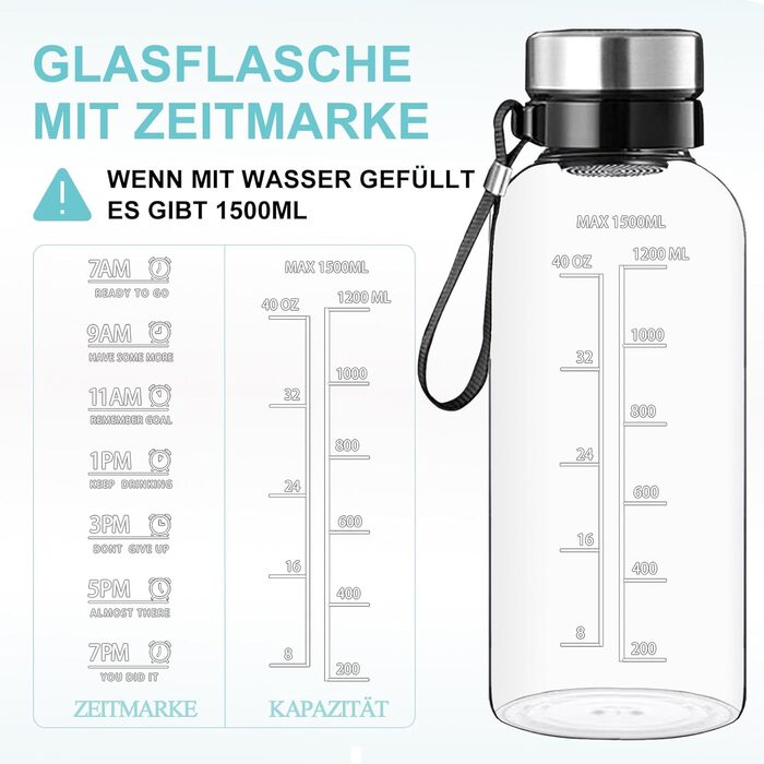 RNCKUUE 2 Liter Glass Bottle, 2l Glass Drinking Bottle, Glass Water Bottle with Strainer, Neoprene Sleeve, Bottle Brush (1500 ml, Filter Screen)