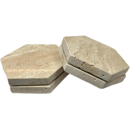 HAMAKAWA Genuine Natural Marble Coasters, Set of 4, Stone Coasters Φ10cm, Modern Round Travertine Drink Coasters for Home Decoration, Coffee Table, Office (4Inch-Hexagon, Beige)