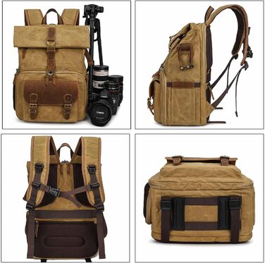 Рюкзак для фотокамери Vmokki Rolltop з водонепроникним покриттям, великий, з швидким доступом, анти-крадіжка, тримач для штатива, відділення для ноутбука. Підходить для дзеркальних фотоапаратів, аксесуарів (Хакі)