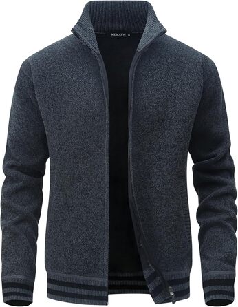 Чоловічий светр з кишенями та коміром-стійкою, флісова підкладка, кардиган, повсякденний зимовий светр, куртка на блискавці, теплий, манто (сірий, L)