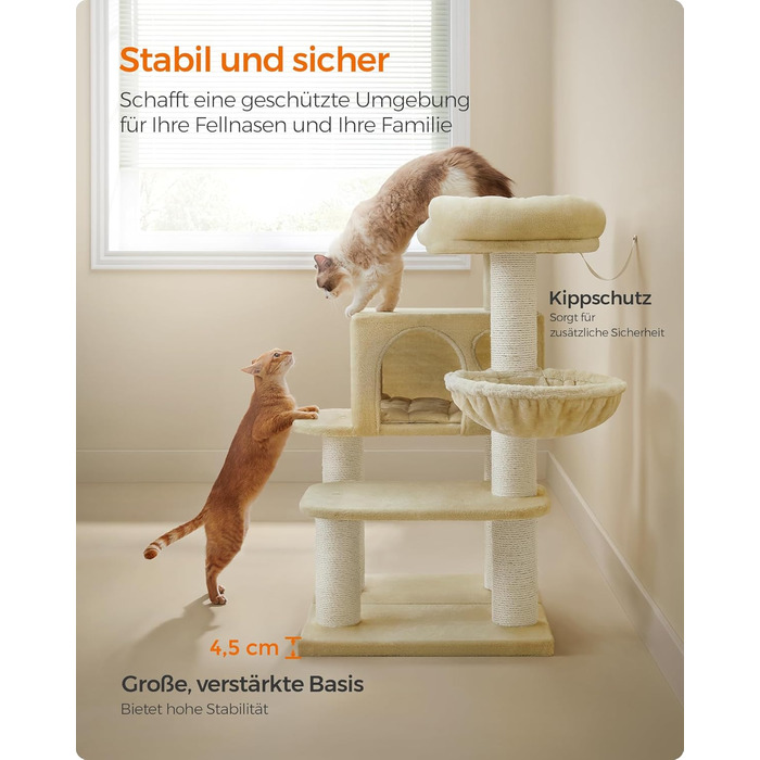 Feandrea Cat Tree for Large Cats, XXL, Heavy-Duty, Cat Tower with 6 Extra Thick Scratching Posts, Large Platform, Cave, Basket, Flexible Assembly, Detachable and Washable Cushions, Beige PCT01M