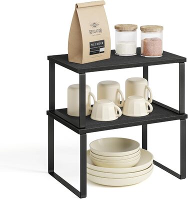 SONGMICS Spice Rack, 4-Piece Set, Kitchen Shelf, Kitchen Organizer, Expandable, Spice Holder, Stackable, with Metal Frame, 19.5 x 29.7 x 15.8 cm, Ink Black + Natural Beige KCS10NB (Ink Black + Ebony Black, 29.7B cm)