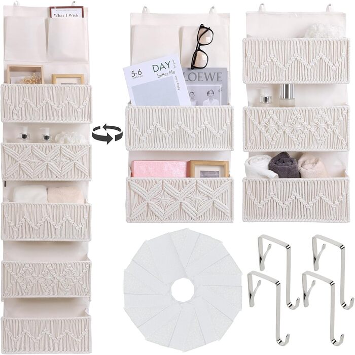 Організатор для дверей з 4 кишенями, Бохо декор, Настінна полиця-організатор з 2 гачками, Складаний настінний органайзер для спальні, дитячої кімнати, ванної (5 кишень-слонова кістка)