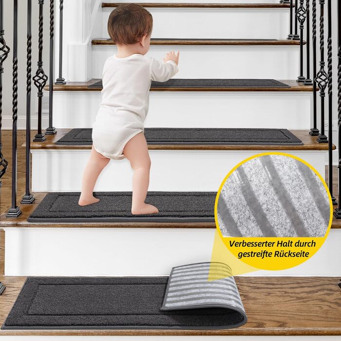 Килимок для сходів JSEI, 15 шт., 20.3 x 76.2 см, антиковзкий, для дітей та домашніх тварин, 100% поліестер, TPE-підкладка, темно-сірий