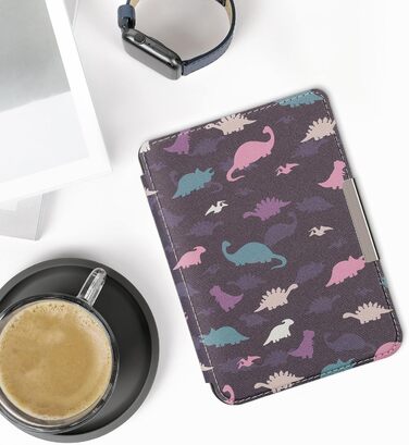 Чохол-книжка kwmobile для Kobo Clara 2E / Tolino Shine 4 - з візерунком єгипетських ієрогліфів, золото-чорний (різнобарвні динозаври, фіолетовий, жовтий, блакитний)