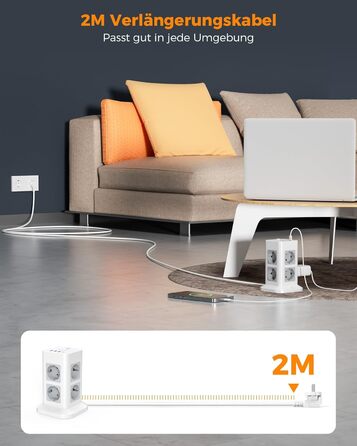 Багатофункціональна мережа TESSAN з 8 розеток, USB-C, захистом від перенапруги, вимикачем, 2 м кабелем, 3600W (сірий/білий)