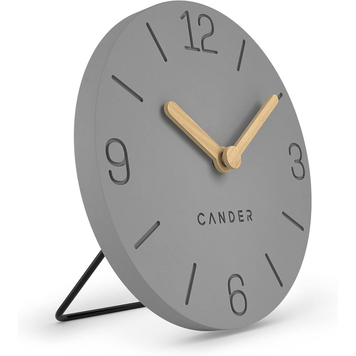 Cander Berlin MNU 2615 H Gray Table Clock, battery-powered, silent (no ticking), vintage, analog, modern, wood hands, MDF, 15 cm