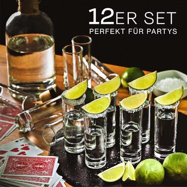 12 Shot Glasses, Tall, Made of Glass, 5cl - Dishwasher Safe - Stable thanks to thick base - Shot glasses for every party