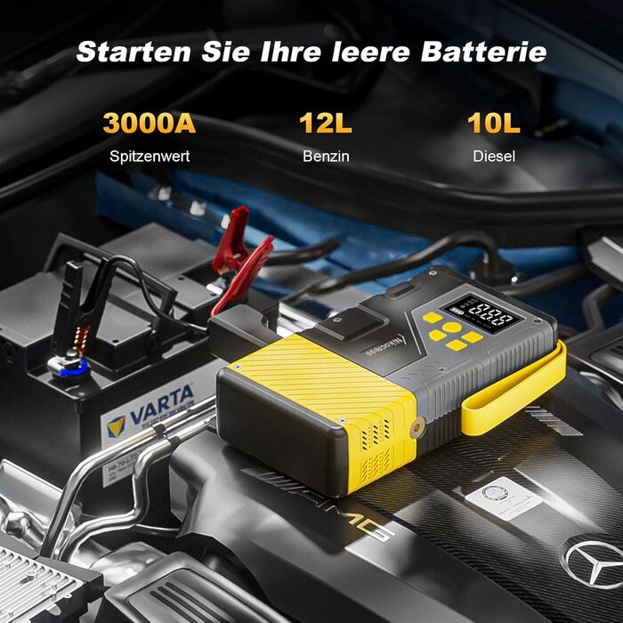 Powerbank для прикурювання з компресором 3000A 150PSI, LCD-дисплей, LED-ліхтарик (Жовтий)