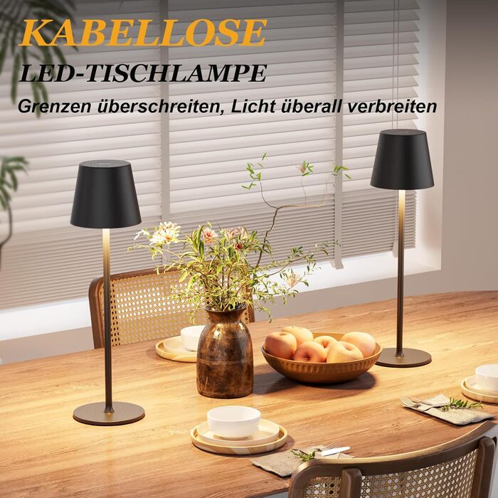 Набір з 2 бездротових настільних світильників LED з акумулятором, сенсорне регулювання яскравості, 3 режими кольору, USB-C зарядка для спальні, столу, кемпінгу (Чорний)