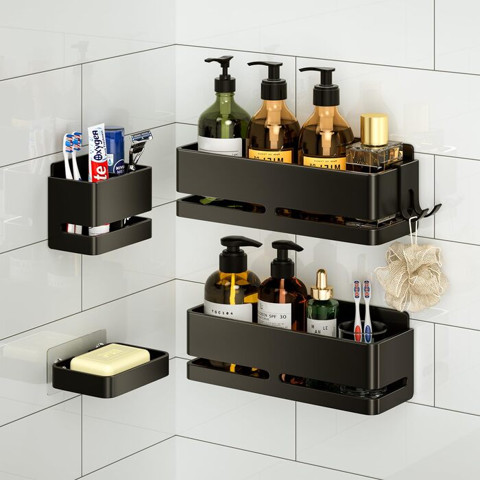 Набір полиць для ванної кімнати (5 шт.) з мильничкою та тримачем для зубних щіток, без свердління, для ванної та кухні (Сірий/Чорний)