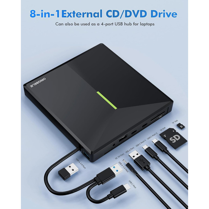 Зовнішній DVD/CD привід ORIGBELIE з 4 USB-портами та 2 слотами для TF/SD карт, USB 3.0, портативний для ноутбука, MacBook, PC (Windows, Linux, Mac OS)