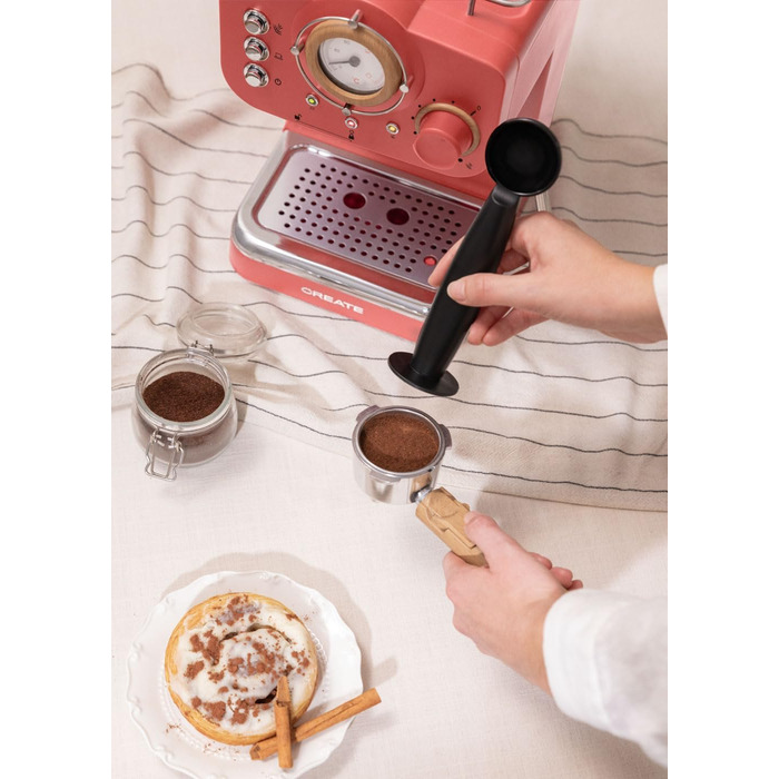 CREATE / THERA MATT RETRO /Espresso Machine Cream White Matt and Wood /Semi-Automatic, with a 15 bar pump and 1100W, 1.25L water tank, for ground coffee, 55 mm ESE pads (Terracotta Matt - Wood)