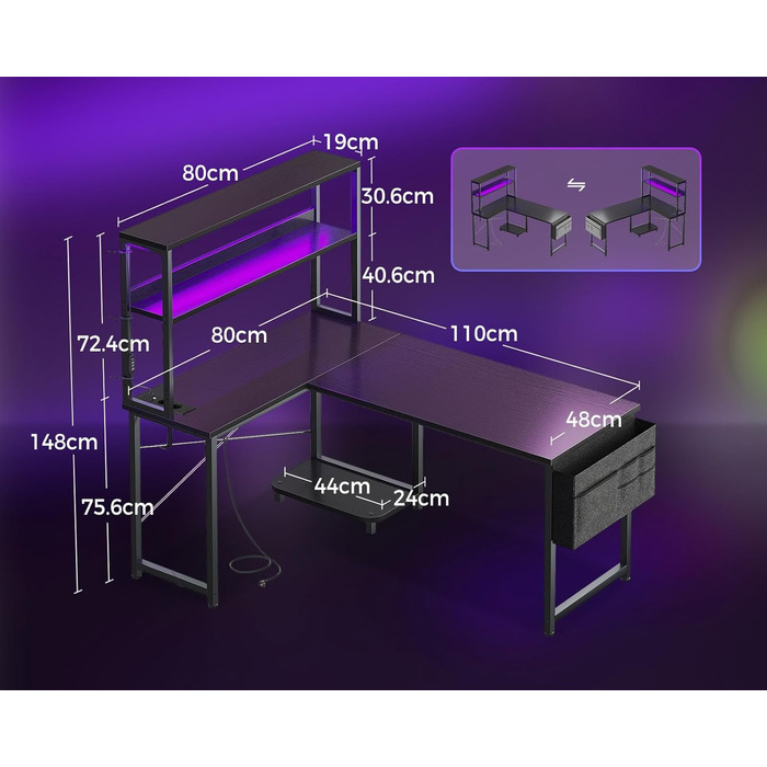 Ігровий стіл Coleshome L-подібної форми з LED підсвічуванням та розетками, 135 × 100 см. Реверсивний кутовий стіл з полицями та сумкою для зберігання, для дому та ігор (110×80 см, чорний)