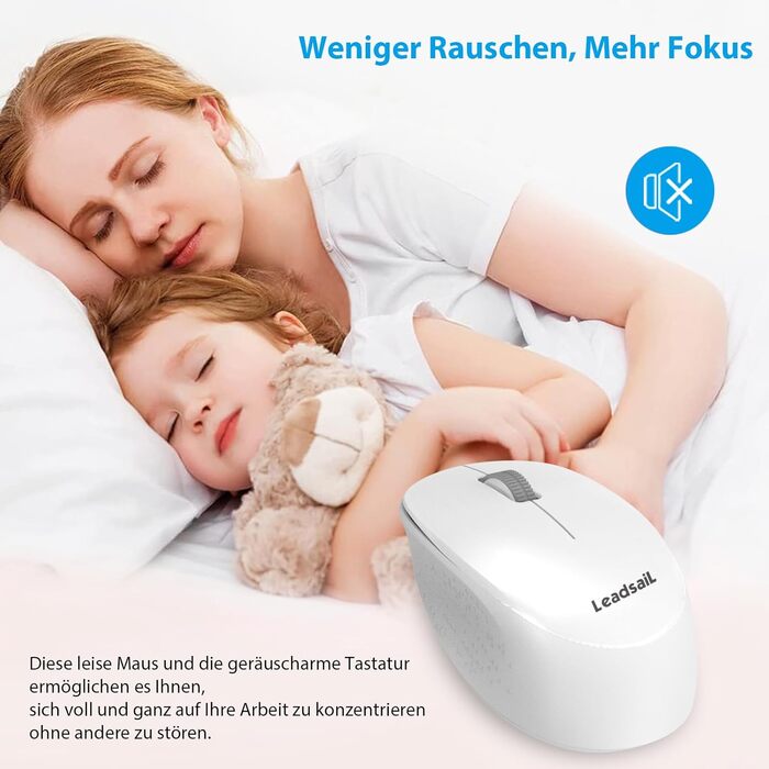 Бездротовий комплект клавіатури та миші Leadsail K786 з цифровою клавіатурою QWERTZ (німецька) - тиха клавіатура, 2.4 GHz, USB Nano приймач для ПК/ноутбука (білий)