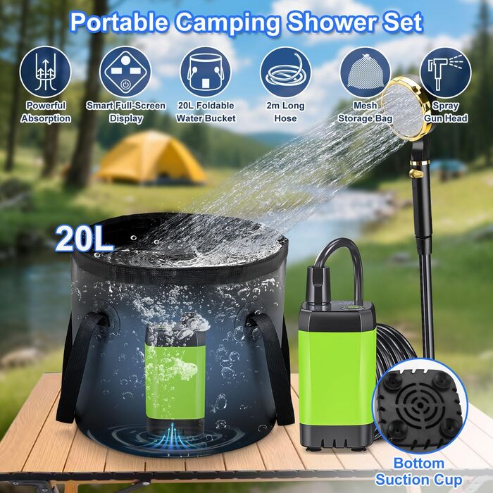 Портативна душова система Anesty для кемпінгу: насос, бак 20л, душова лійка, аксесуари для відпочинку на природі, автомийки та догляду за тваринами