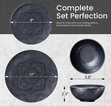 Набір тарілок та мисок Bzyoo з меламіну, 4 шт., чорний, La la Mandala. Без BPA, придатний для миття в посудомийній машині.