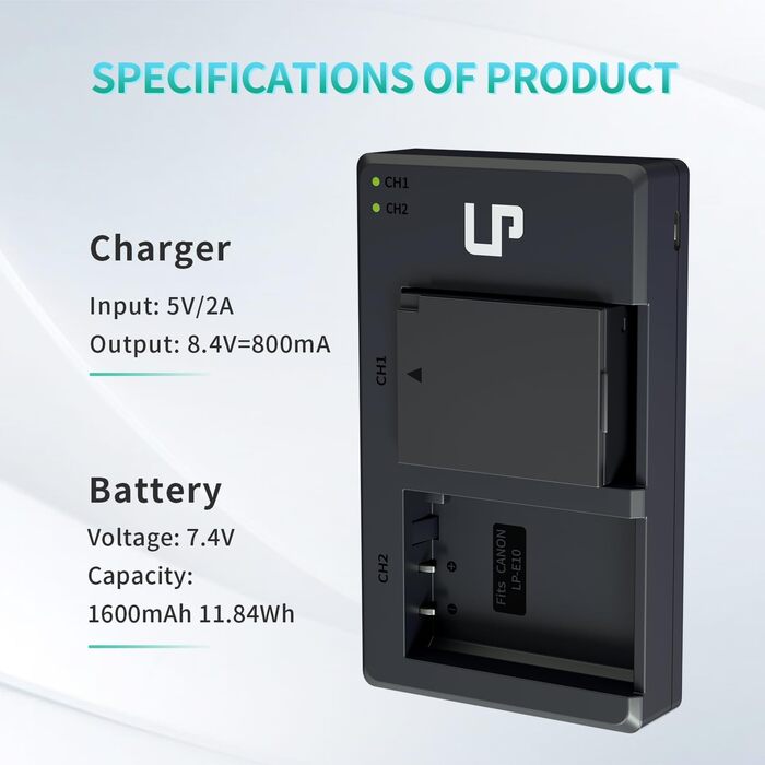 Комплект акумуляторів LP-E10 (2 шт) та подвійний зарядний пристрій 1600mAh для Canon EOS Rebel T7, T6, T5, T3, T100, 4000D, 3000D, 2000D, 1500D, 1300D