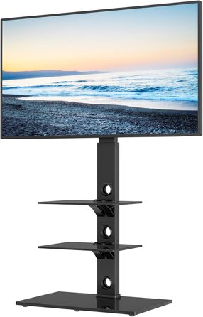 BONTEC TV Stand for 30-70 inch LED OLED LCD Plasma TVs - Adjustable Height, 3-Tier Tempered Glass Shelves, VESA 600x400, 40kg Capacity, Black