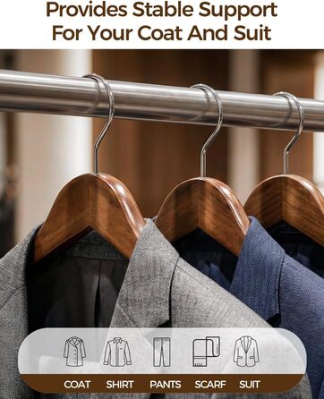 Набір дерев'яних вішалок Premium з широкими плечима (6 шт.) з обертовими гачками | Для пальто, курток, суконь | Натуральне дерево, вінтажний стиль