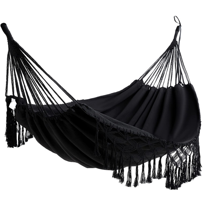 Гамак для дому та вулиці Boho макраме подвійний великий бавовняний м'який для двох осіб 200x150 см, до 200 кг (Чорний)