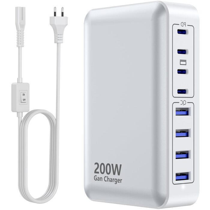Зарядний пристрій USB-C 200W, 8 портів GaN, швидка зарядка, адаптер PD 65W для ноутбука MacBook/Dell/Steam Deck, iPhone 17/16/15/14, Galaxy S24/S23 (Білий)