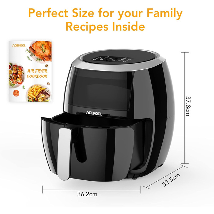 Hot Air Fryer, XXL Hot Air Fryer Oil-Free 8L 1800W, Air Fryer with Recipe Book in German, 8 Programs, Adjustable Temperature Control Acekool Gray