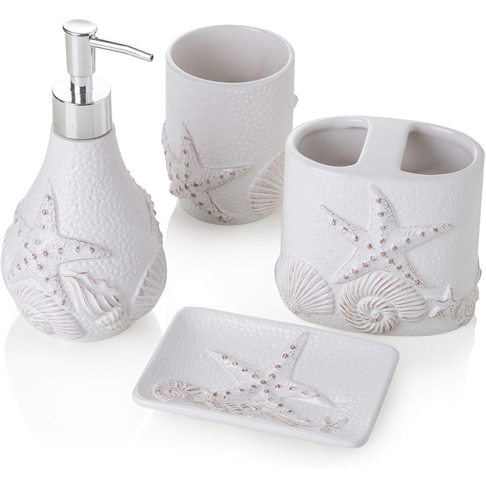 Набір для ванної кімнати з кераміки, білий, з візерунком мушлі (4 предмети): дозатор, тримач для зубної щітки, миска та мильниця