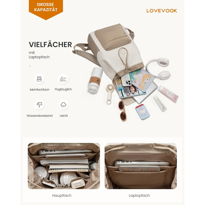 LOVEVOOK Рюкзак для жінок, 17.3 дюйми, рюкзак для ноутбука, підлітки, водонепроникний, дівчатка, легкий, для школи, університету, подорожей, роботи, з відділенням для ноутбука, жіночий, повсякденний, (M-15.6 дюйми, Бежевий+хакі)