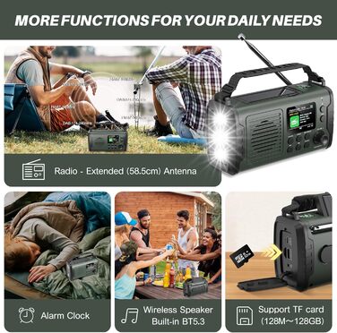 Радіо на механічному заводі DAB+ FM 20000mAh, Аварійне радіо DAB+ з сонячною панеллю та Bluetooth, Радіоліхтарик з зарядкою для телефону та компасом для виживання (Зелений)
