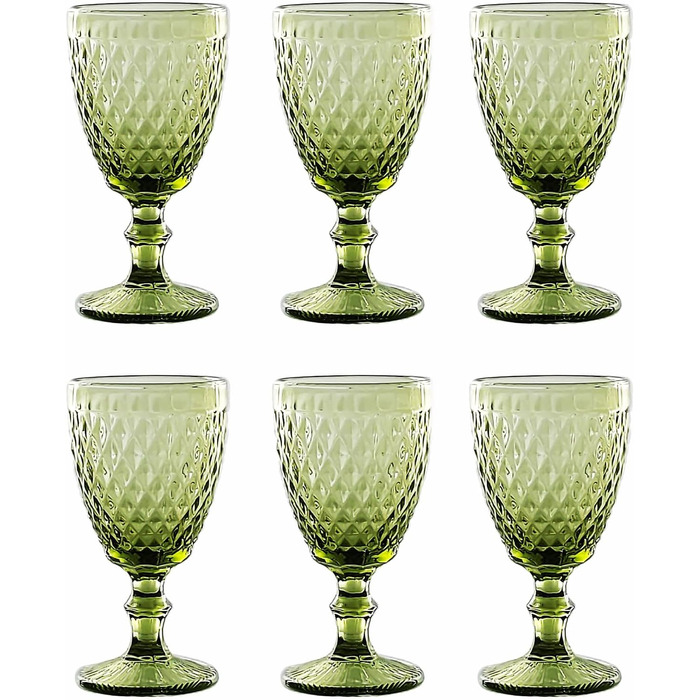 Vintage Set of 6 Colored Glasses and Tumblers with Diamond Pattern (Netz Green Wine Glass), Long Drink Glasses, Cocktail Glasses with Embossing, Glass, Tumbler, Wine Glass, Water Glass, Goblets
