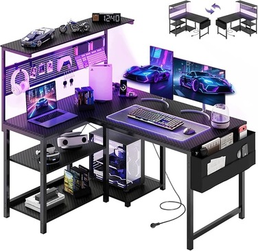Ігровий кутовий стіл з RGB LED-підсвіткою, полицею та підставкою для ПК, 120x80 см