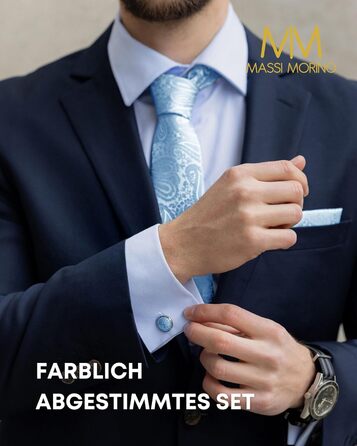 Комплект чоловічий Massi Morino: краватка, нагрудна хустка, запонки, зажим для краватки, подарункова коробка - блакитний Paisley, універсальний розмір. Для весілля.