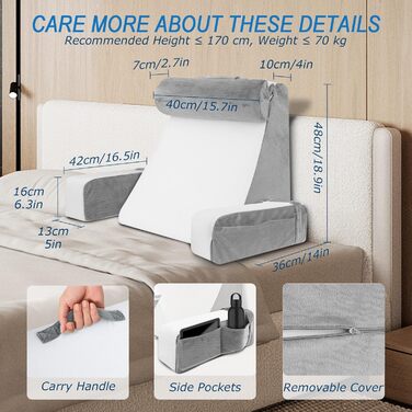 HOMCA Подушка для читання та відпочинку в ліжко та на диван з знімною подушкою для шиї та підлокітником, подушка для спини, подушка для стіни, багатофункціональна подушка-клинок для читання, роботи, перегляду телевізора (36x40x48 см)