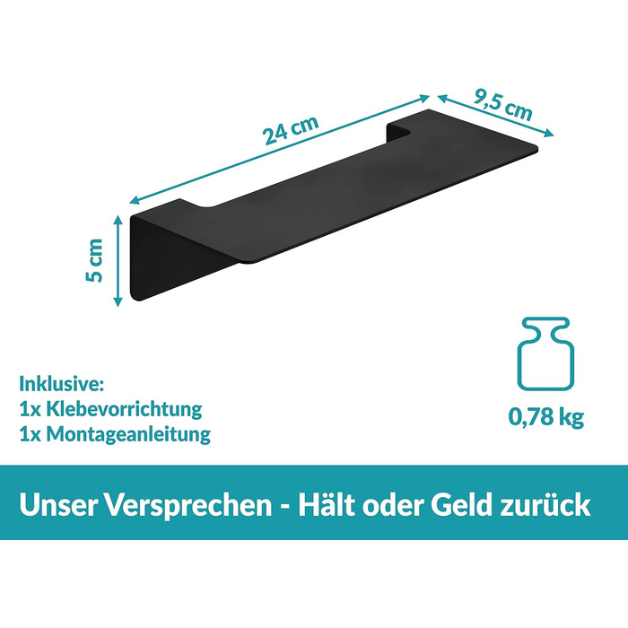 WEISSENSTEIN Badablage without Drilling - Stainless Steel Shelf for Bathroom - 14 x 9.5 x 5 cm (24 cm, Black)