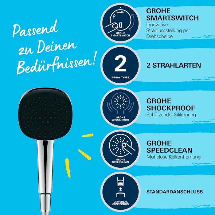 Душова лійка GROHE Vitalio 110 з гнучкою голкою, 14 л/хв (ручна лійка з 2 режимами, універсальне підключення, силіконове кільце захищає від падіння, душова лійка з голкою 1,5 м), квадратна, хром, 26973001 (ручна лійка)