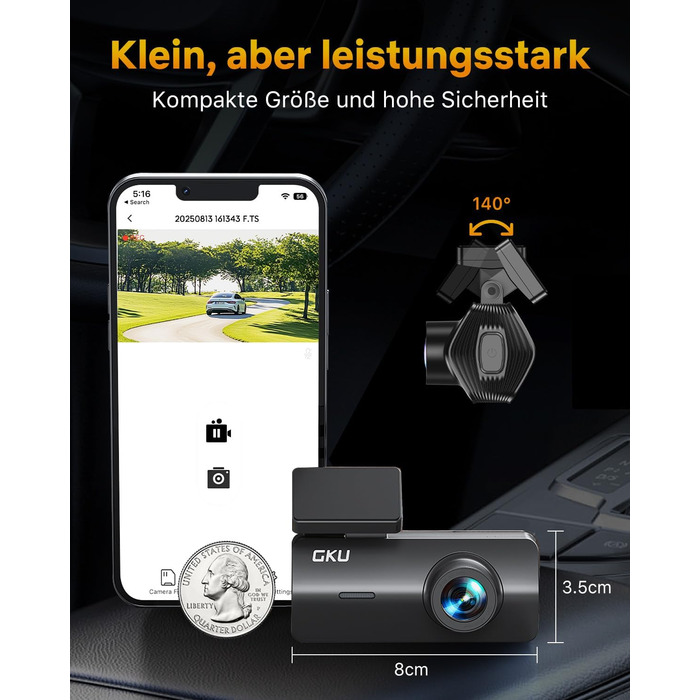 Відеореєстратор GKU 4K Auto з Wi-Fi, 170° кут огляду, Нічне бачення, WDR, 24H паркування, G-сенсор, в комплекті SD-карта 64GB, Чорний