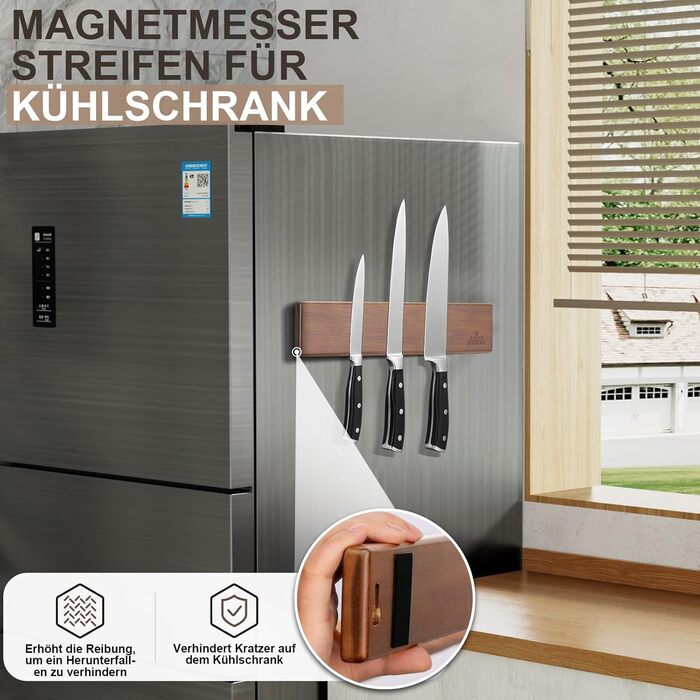 ENOKING 26cm Magnetic Knife Strip, Self-Adhesive, Knife Magnetic Strip with Extra Strong Magnet, Magnetic Knife Holder Made of Acacia Wood, Magnetic Knife Holder for Knives and Kitchen Utensils