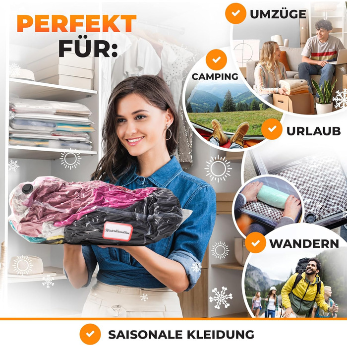 PACKDUDE® Vacuum Bags for Clothing - Small & Large I 18 PIECES I 8 x Vacuum Bags for Vacuum Cleaner & 10 x Roll-Up Vacuum Bags (without valve) I Vacuum Bags for Clothing